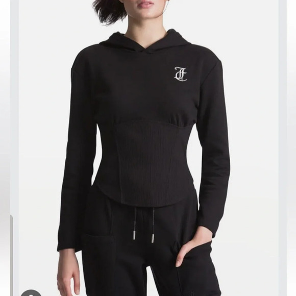 Juicy Couture Women’s Black Corset‎ Pullover Hooded Sweatshirt Size XL Slim Fit - Picture 1 of 10